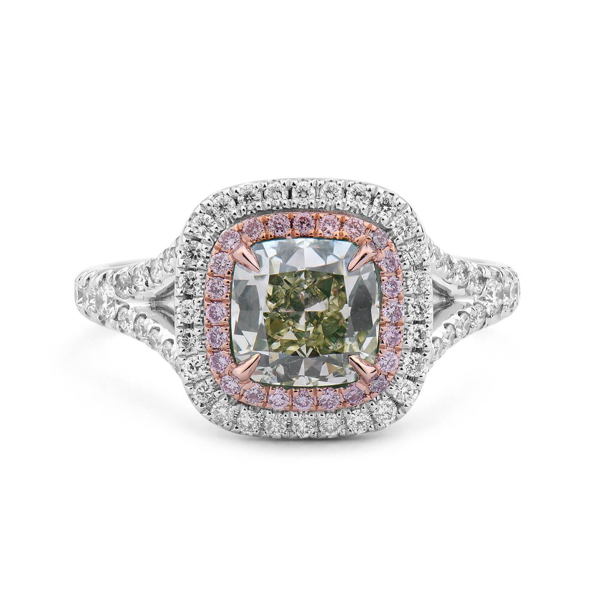 Fancy Light Greenish Yellow Diamond Ring, 1.68 Ct. (2.20 Ct. TW), Cushion shape, GIA Certified, 1218954301