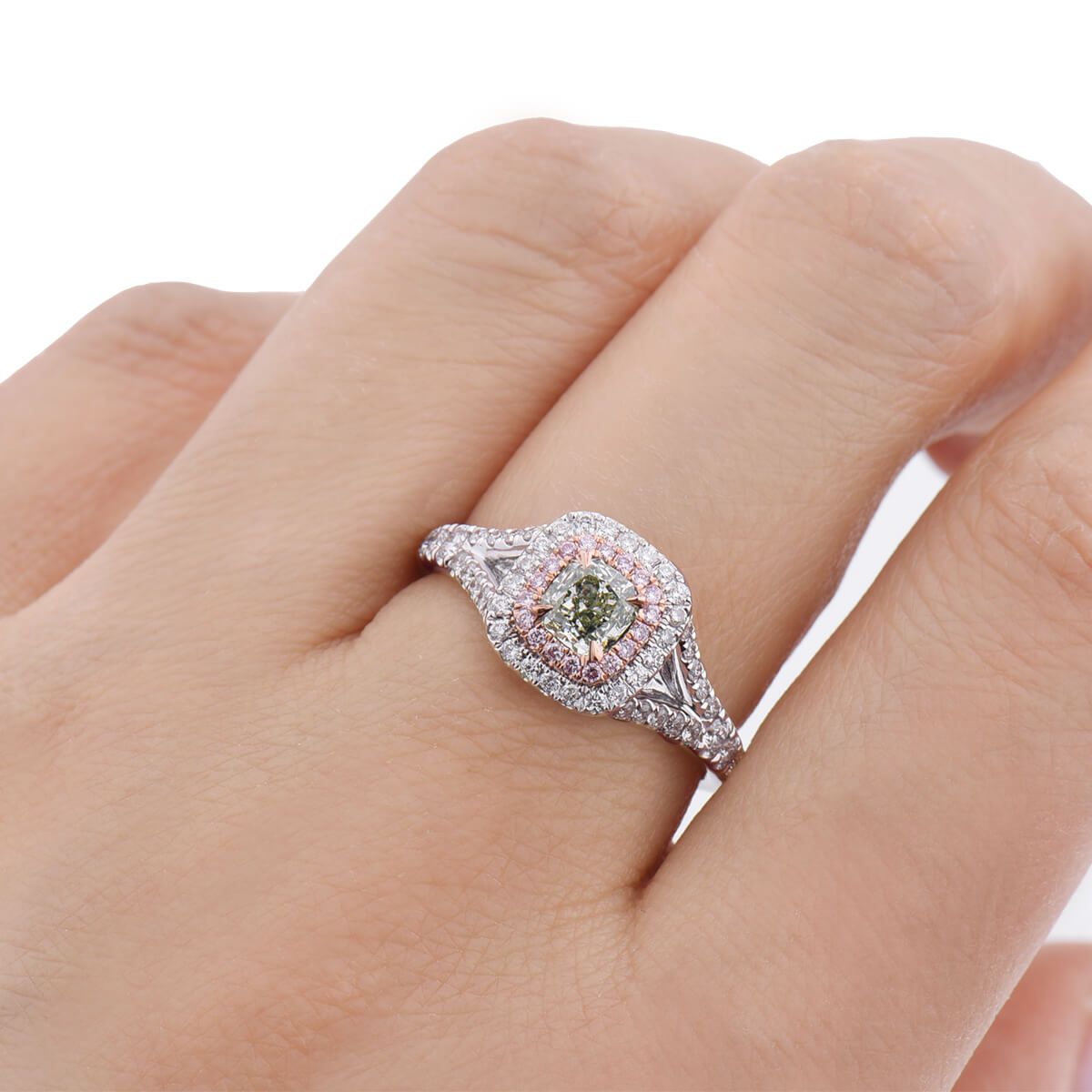 Fancy Grayish Yellowish Green Diamond Ring, 0.45 Ct. (0.91 Ct. TW), Radiant shape, GIA Certified, 2166624728