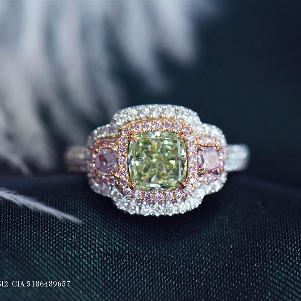 Fancy Green Yellow Diamond Ring, 1.36 Ct. (2.32 Ct. TW), Cushion shape, GIA Certified, 5186489657