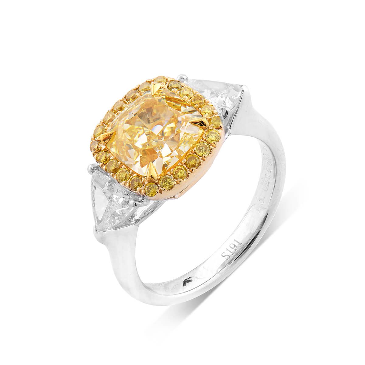Fancy Intense Yellow Diamond Ring, 3.02 Ct. (4.04 Ct. TW), Cushion shape, GIA Certified, 2185676947