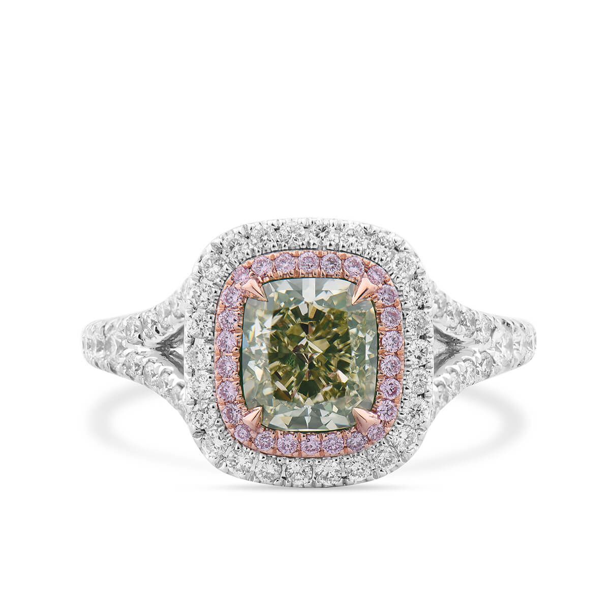 Fancy Brownish Greenish Yellow Diamond Ring, 1.48 Ct. (2.01 Ct. TW), Cushion shape, GIA Certified, 6183386278