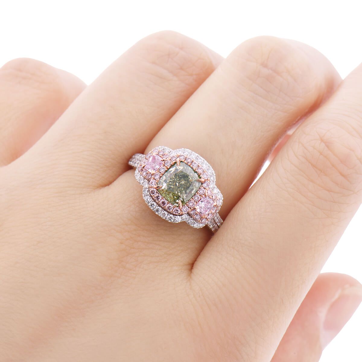 Fancy Grayish Greenish Yellow Diamond Ring, 2.00 Ct. (3.08 Ct. TW), Cushion shape, GIA Certified, 6173167888