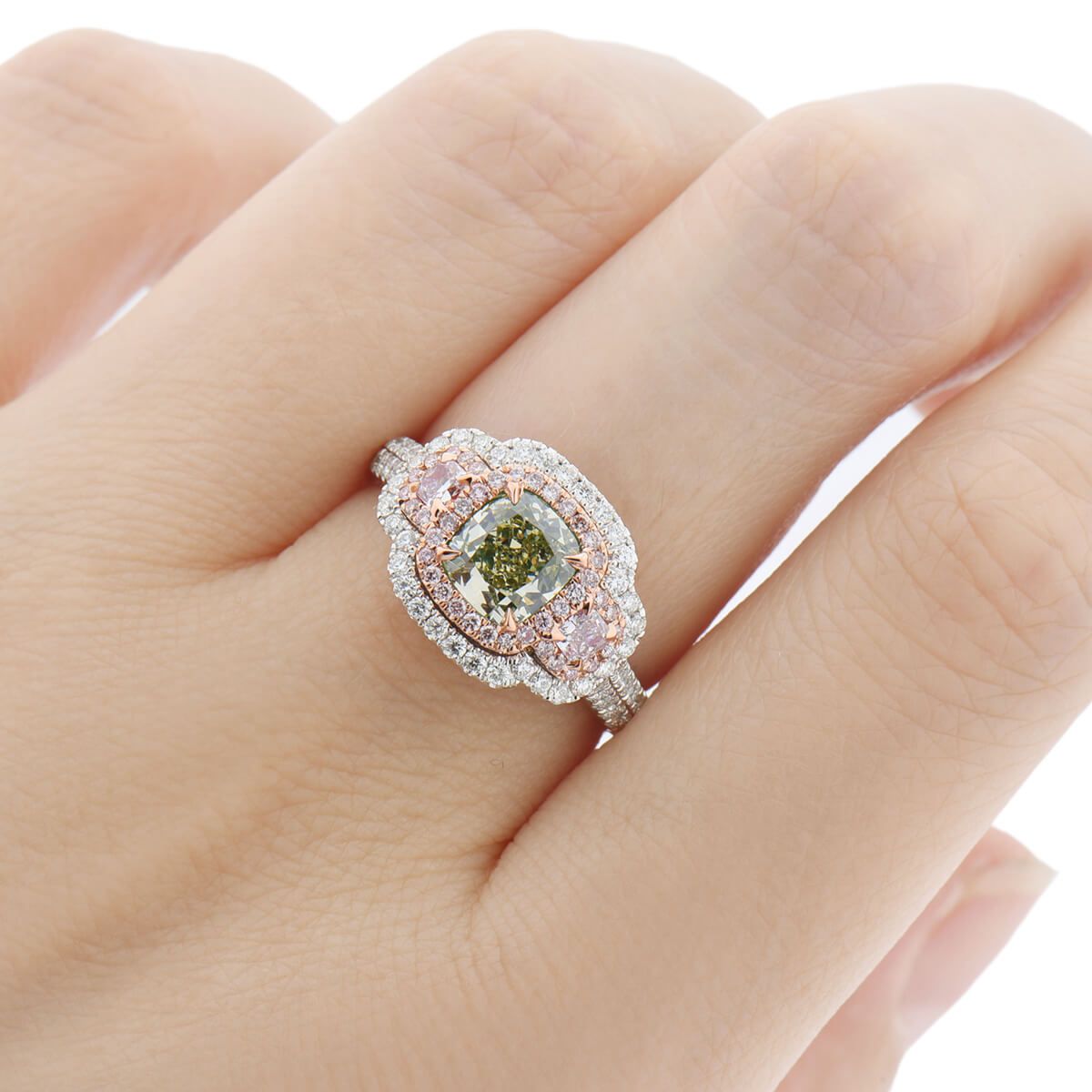 Fancy Brown-Greenish Yellow Diamond Ring, 1.33 Ct. (2.26 Ct. TW), Cushion shape, GIA Certified, 1218974385