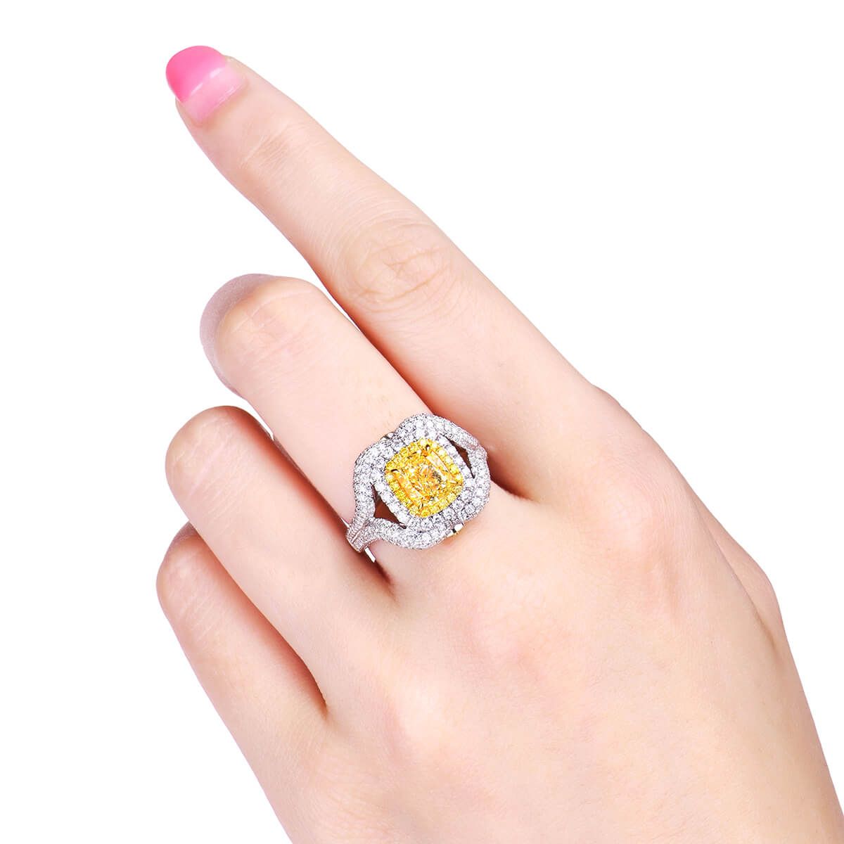 Fancy Light Yellow Diamond Ring, 1.47 Ct. (3.12 Ct. TW), Cushion shape, GIA Certified, 6245228070