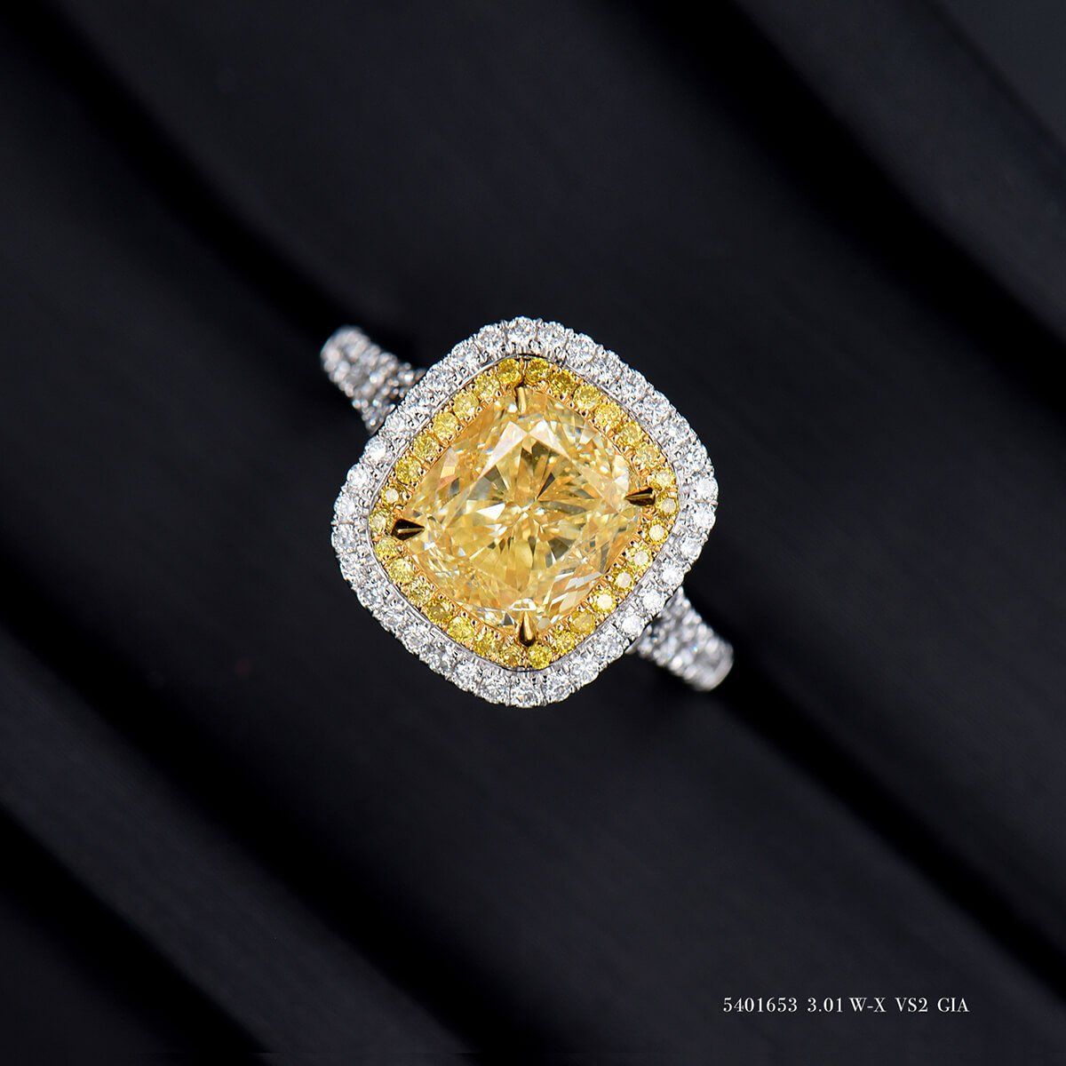 Light Yellow (W-X) Diamond Ring, 3.01 Ct. (3.56 Ct. TW), Cushion shape, GIA Certified, 2195248742