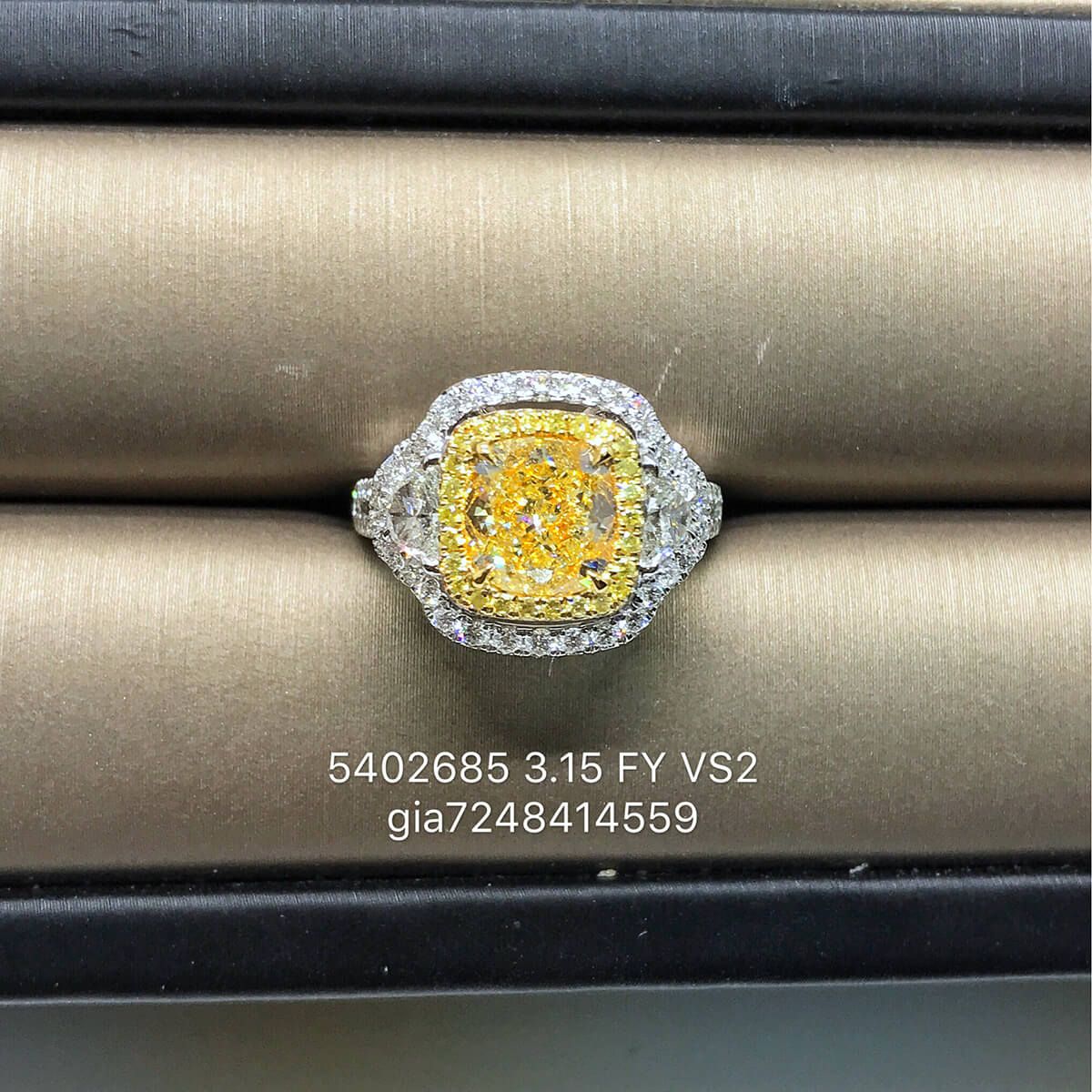 Fancy Yellow Diamond Ring, 3.15 Ct. (4.35 Ct. TW), Cushion shape, GIA Certified, 7248414559