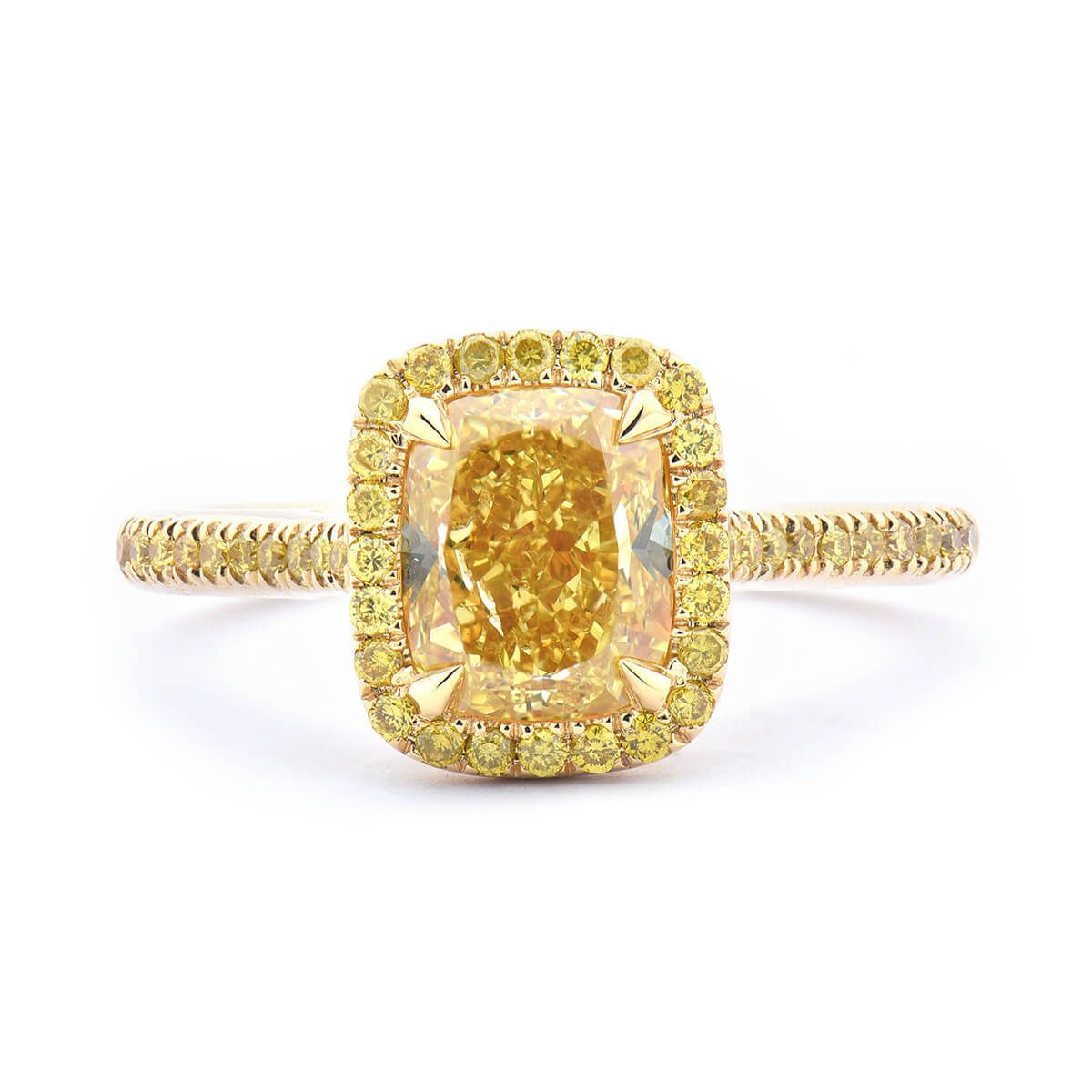 Fancy Intense Yellow Diamond Ring, 2.01 Ct. (2.29 Ct. TW), Cushion shape, GIA Certified, 2195149621
