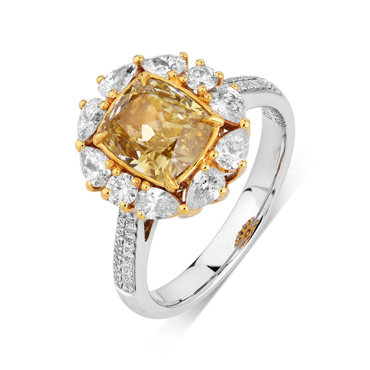 Fancy Yellow Diamond Ring, 1.82 Ct. (2.69 Ct. TW), Cushion shape, GIA Certified, 6201856201
