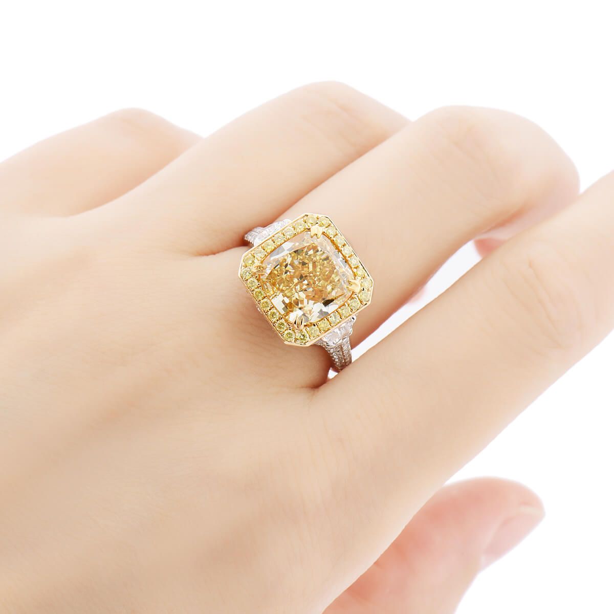 Fancy Yellow Diamond Ring, 5.15 Ct. (6.68 Ct. TW), Cushion shape, GIA Certified, 5192139688