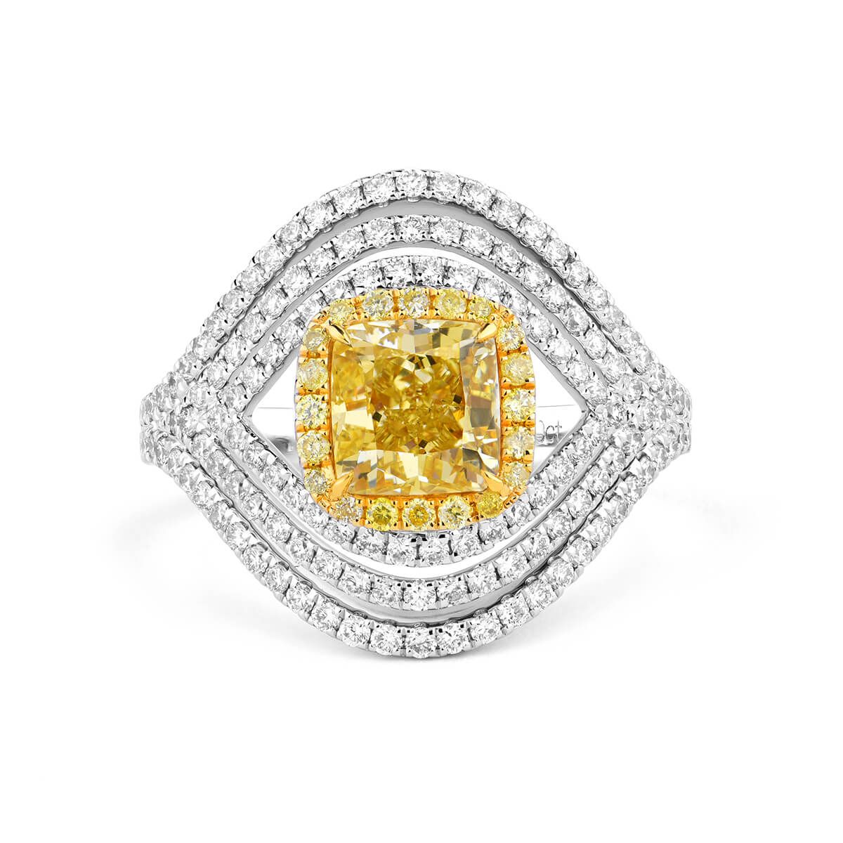 Fancy Yellow Diamond Ring, 1.53 Ct. (2.40 Ct. TW), Cushion shape, GIA Certified, 2156970229